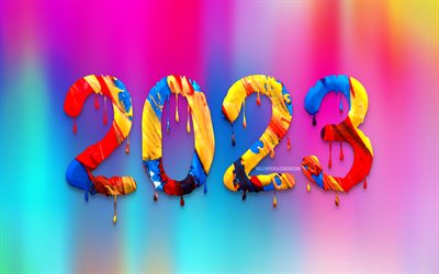 2023 Happy New Year, 4k, paint art, paint streaks, 2023 concepts, creative, 2023 abstract digits, Happy New Year 2023, colorful paint digits, 2023 colorful background, 2023 year