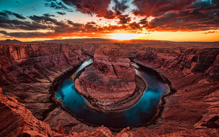 4k, Horseshoe Bend, Colorado River, evening, sunset, red rocks, mountain landscape, canyon, Arizona, Grand Canyon, USA