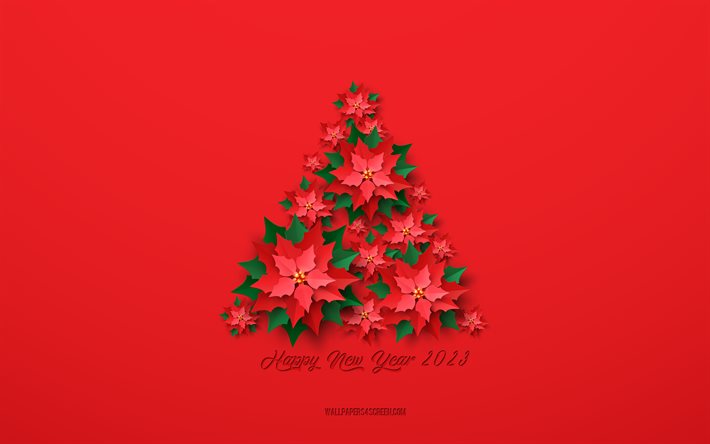 feliz año nuevo 2023, 4k, fondo rojo de navidad, 2023 conceptos, árbol de navidad creativo, 2023 feliz año nuevo, arte creativo, arbol de navidad con hojas