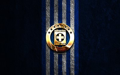 Cruz Azul golden logo, 4k, blue stone background, Liga MX, mexican football club, Cruz Azul logo, soccer, Cruz Azul emblem, Cruz Azul, football, Cruz Azul FC