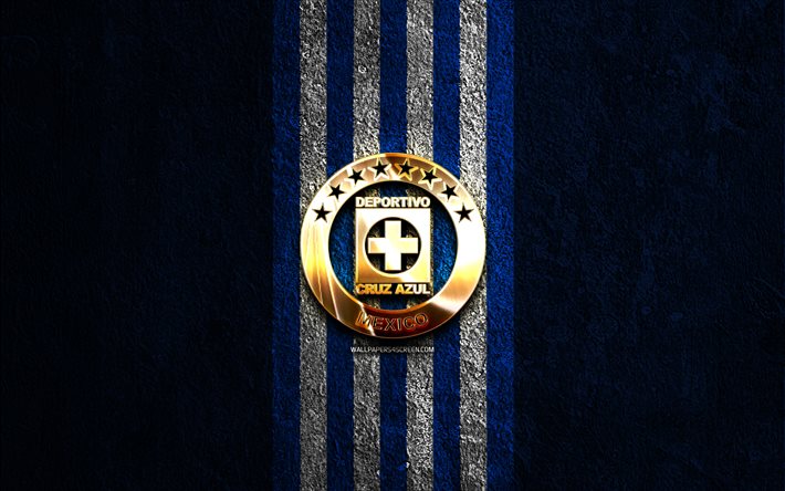 Cruz Azul golden logo, 4k, blue stone background, Liga MX, mexican football club, Cruz Azul logo, soccer, Cruz Azul emblem, Cruz Azul, football, Cruz Azul FC