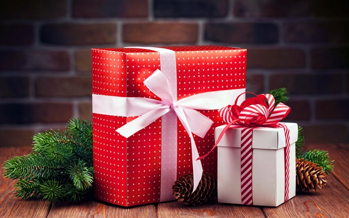 4k, weiße geschenkboxen, tannenbaum, rote schleifen, frohes neues jahr, weihnachtsdekorationen, weihnachten, rote weihnachtskugeln, weihnachtsgeschenke, geschenkbox, geschenke