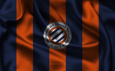 4k, montpellier hsc  logo, sininen oranssi silkkikangas, ranskan jalkapallojoukkue, montpellier hsc  tunnus, ligue 1, montpellier hsc, ranska, jalkapallo, montpellier hsc  lippu, montpellier fc