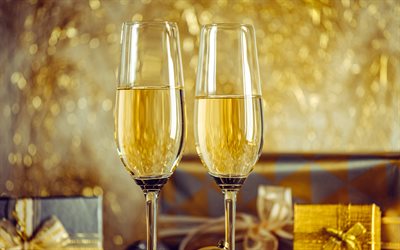 champagne, nouvelle année, verres à champagne, noël, boules de noël dorées, soirée, lumières, bonne année, joyeux noël