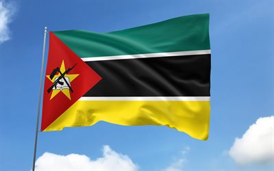 Mozambique flag on flagpole, 4K, African countries, blue sky, flag of Mozambique, wavy satin flags, Mozambican flag, Mozambican national symbols, flagpole with flags, Day of Mozambique, Africa, Mozambique flag, Mozambique