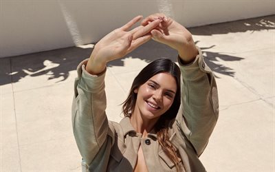 Kendall Jenner, american fashion model, portrait, brown jacket, photoshoot, smile, beautiful woman