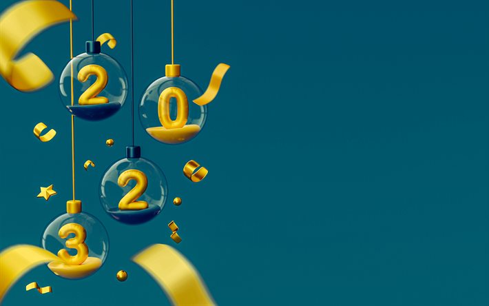 gott nytt år 2023, gyllene ballonger, 2023 blå bakgrund, 2023 gott nytt år, siffror i ballonger, 3d 2023 art, kreativ bakgrund 2023