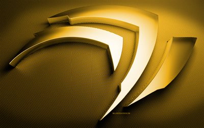 nvidian keltainen logo, luova, nvidia 3d logo, keltainen metalli tausta, tuotemerkit, taideteoksia, nvidia metallinen logo, nvidia