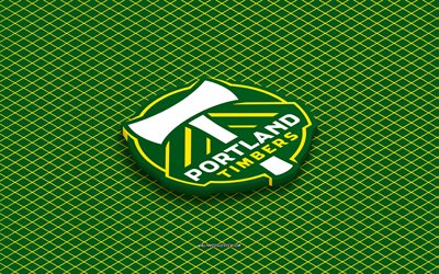 4k, portland timbers isometriska logotyp, 3d konst, amerikansk fotbollsklubb, isometrisk konst, portland timbers, grön bakgrund, mls, usa, fotboll, isometriskt emblem, portland timbers logotyp