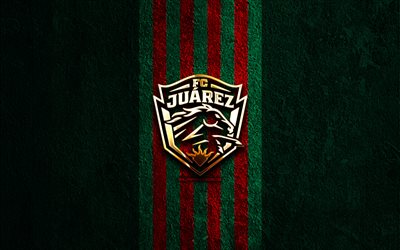 logo dorato dell'fc juarez, 4k, sfondo di pietra verde, liga mx, squadra di calcio messicana, logo dell'fc juárez, calcio, emblema dell'fc juárez, fc juárez, juárez fc