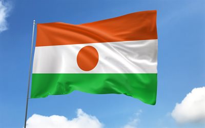 Niger flag on flagpole, 4K, African countries, blue sky, flag of Niger, wavy satin flags, Niger flag, Niger national symbols, flagpole with flags, Day of Niger, Africa, Niger