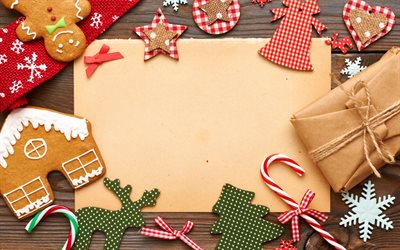 4k, Christmas greeting card, xmas frames, christmas decorations, xmas, Merry Christmas, Happy New Year, wooden xmas decorations, empty greeting cards