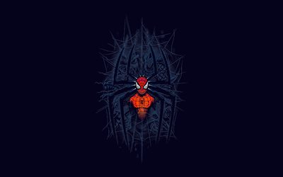Spider-Man, web, superhero, minial art, blue background, Spider-Man sign, Spider-Man character