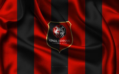 4k, logotipo del stade rennais fc, tela de seda negra roja, equipo de fútbol francés, emblema del stade rennais fc, liga 1, estadio rennais fc, francia, fútbol, bandera de stade rennais fc