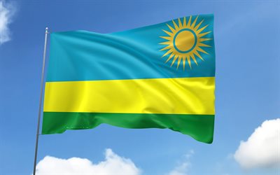 rwandas flagga på flaggstången, 4k, afrikanska länder, blå himmel, rwandas flagga, vågiga satinflaggor, rwandisk flagga, rwandiska nationella symboler, flaggstång med flaggor, rwandas dag, afrika, rwanda