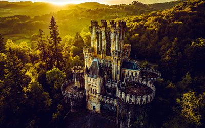 castelo de butron, vista aérea, noite, pôr do sol, gatika, rochas, castelo antigo, país basco, castelos da espanha, espanha