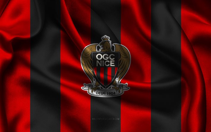 4k, ogc hieno logo, punainen musta silkkikangas, ranskan jalkapallojoukkue, ogc hieno tunnus, ligue 1, ogc hienoa, ranska, jalkapallo, ogc hieno lippu, hieno fc