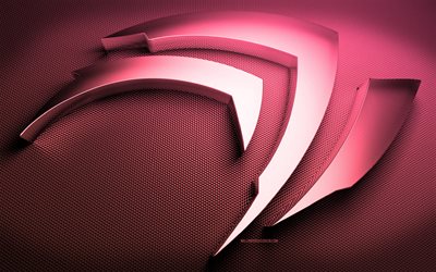logotipo rosa de nvidia, creativo, logotipo 3d de nvidia, fondo de metal rosa, marcas, obra de arte, logotipo metálico de nvidia, nvidia