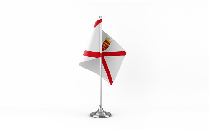 4k, Jersey table flag, white background, Jersey flag, table flag of Jersey, Jersey flag on metal stick, flag of Jersey, national symbols, Jersey, Europe
