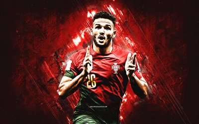 Goncalo Ramos, Portugal national football team, portrait, goal, Qatar 2022, Portuguese footballer, striker, red stone background, Portugal, football
