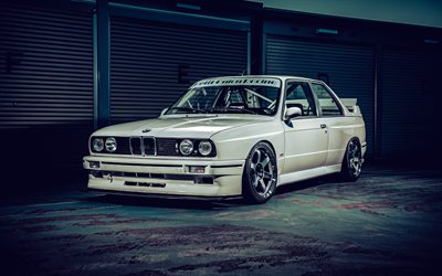 4k, BMW M3 E30, darkness, 1989 cars, HDR, BMW 3-Series Coupe, White BMW M3 E30, tuning, German cars, BMW E30, BMW