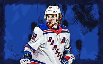 4k, Artemi Panarin, grunge art, New York Rangers, NHL, hockey, New York Rangers 4K, blue grunge background, Artemi Panarin New York Rangers, NY Rangers