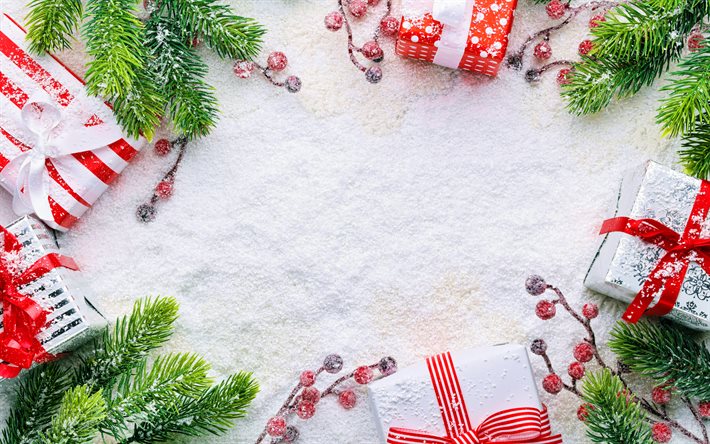 4k, weiße geschenkboxen, weihnachtsrahmen, schnee hintergründe, frohes neues jahr, weihnachtsdekorationen, weihnachten, winterliche hintergründe, schnee weihnachten hintergründe