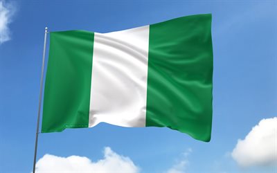 Nigeria flag on flagpole, 4K, African countries, blue sky, flag of Nigeria, wavy satin flags, Nigerian flag, Nigerian national symbols, flagpole with flags, Day of Nigeria, Africa, Nigeria flag, Nigeria