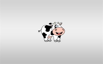 بقرة الكرتون, 4k, الحد الأدنى, خلفيات رمادية, حيوانات الكرتون, بساطتها البقر, أبقار