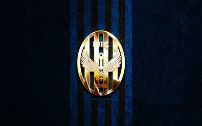 goldenes logo von incheon united, 4k, hintergrund aus blauem stein, k liga 1, südkoreanischer fußballverein, incheon united logo, fußball, incheon united emblem, incheon united fc, incheon united