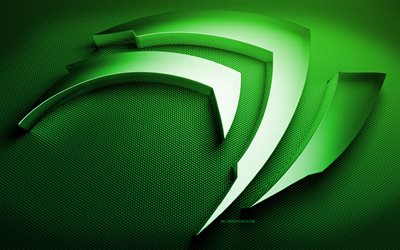 Nvidia green logo, creative, Nvidia 3D logo, green metal background, brands, artwork, Nvidia metal logo, Nvidia