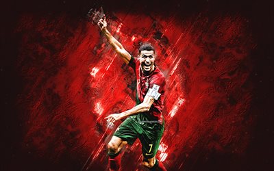 cristiano ronaldo, cr7, qatar 2022, portugals fotbollslandslag, porträtt, portugisisk fotbollsspelare, röd sten bakgrund, fotboll