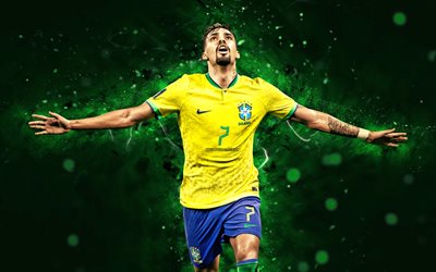 4k, lucas paqueta, qatar 2022, brasilian maajoukkue, jalkapallo, jalkapalloilijat, vihreät neon valot, päämäärä, brasilian jalkapallojoukkue, lucas paqueta 4k