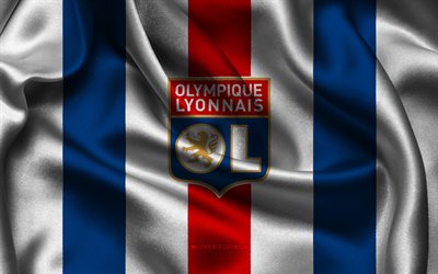 4k, logo dell'olympique lyonnais, tessuto di seta blu bianco rosso, squadra di calcio francese, emblema dell'olympique lyonnais, lega 1, olimpique lyonnais, francia, calcio, bandiera dell'olympique lyonnais, lione