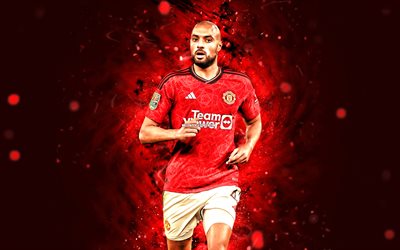 Sofyan Amrabat, 4k, red neon lights, Manchester United FC, Premier League, Moroccan footballers, Sofyan Amrabat 4K, football, soccer, Man United, Sofyan Amrabat Manchester United