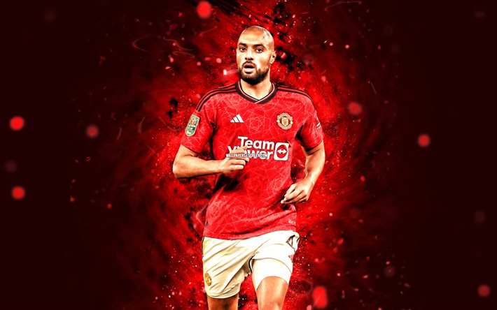 Sofyan Amrabat, 4k, red neon lights, Manchester United FC, Premier League, Moroccan footballers, Sofyan Amrabat 4K, football, soccer, Man United, Sofyan Amrabat Manchester United