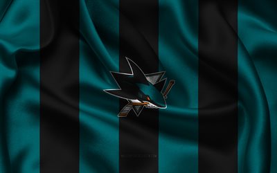 4k, logotipo de san jose sharks, tela de seda negra azul, equipo de hockey estadounidense, emblema de san jose sharks, nhl, tiburones de san josé, eeuu, hockey, bandera de san jose sharks