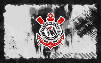 Corinthians grunge logo, 4k, Brazilian Serie A, white grunge background, soccer, Corinthians emblem, football, Corinthians logo, Corinthians SC, spanish football club, Corinthians FC