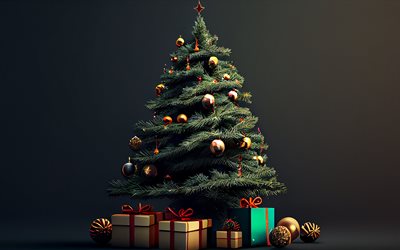 Christmas tree, Merry Christmas, Happy New Year, 3D tree, gifts boxes under the Christmas tree, Christmas background