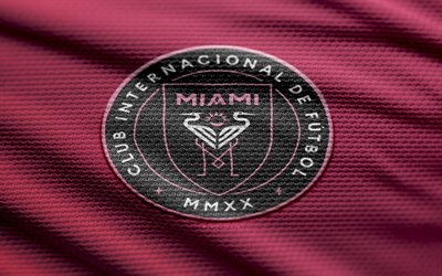 Inter Miami fabric logo, 4k, purple fabric background, MLS, bokeh, soccer, Inter Miami logo, football, Inter Miami emblem, Inter Miami CF, american soccer club, Inter Miami FC