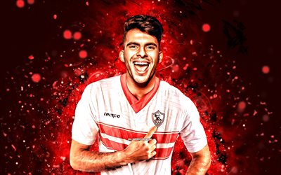 Ahmed Sayed, 4k, red neon lights, Zamalek SC, Egyptian Premier League, soccer, 4K, Egyptian footballers, football, Zizo, Zamalek FC, Ahmed Sayed Zamalek