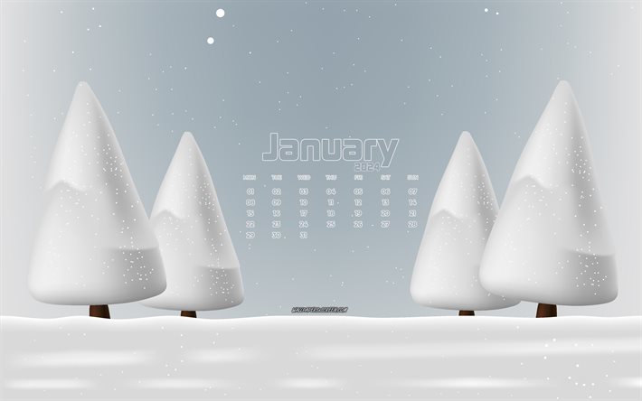 2024 calendário de janeiro, 4k, paisagem de inverno, neve, janeiro, conceitos de inverno, janeiro de 2024 calendário, 2024 conceitos, árvores de natal 3d
