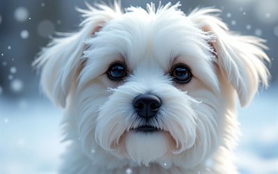 4k, maltais, hiver, bokeh, forêt, chiens, museau, animaux mignons, animaux de compagnie, chien en forêt, chien maltais