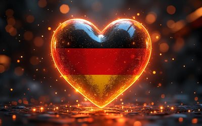 4k, I Love Germany, digital art, orange neon lights, darkness, Day of Germany, flag of Germany, heart with german flag, 3D hearts, bokeh, german flag, Germany, Love for Germany