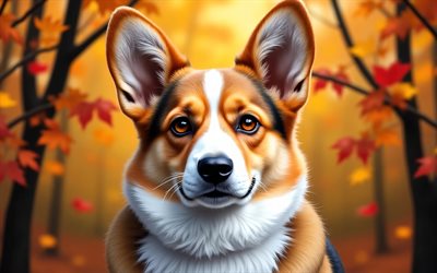 cardigan welsh corgi, 4k, höst, bokeh, skog, hundkapplöpning, munkorg, corgi, söta djur, husdjur, hund i skogen, cardigan welsh corgi dog