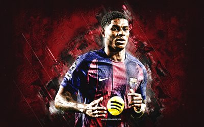 Marcus Rashford, FC Barcelona, goal celebration, burgundy stone background, Rashford Barcelona, football stars, grunge art, English footballer, Barcelona, La Liga, Spain, soccer, Marcus Rashford Barcelona