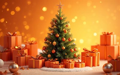 クリスマスツリー, 4k, ボケ味, オレンジ色のクリスマス飾り, クリスマスの装飾, オレンジ色の背景, 花輪, スプルースの枝, クリスマス, あけましておめでとう, メリークリスマス