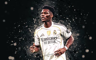 4k, Aurelien Tchouameni, black abstract background, Real Madrid, La Liga, French footballers, Aurelien Tchouameni 4K, white neon lights, football, soccer, LaLiga, Real Madrid CF, Real Madrid FC, Aurelien Tchouameni Real Madrid