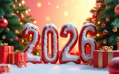 2026 dígitos rojos nevados, 4k, feliz año nuevo, árbol de navidad, 2026 conceptos, creativo, 2026 dígitos 3d, inscripción 2026, 2026 dígitos rojos, 2026 año nuevo, 2026 arte
