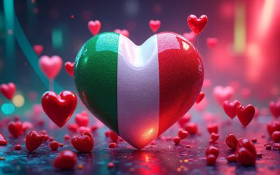 4k, ich liebe italien, rote 3d herzen, bokeh, rote blendung, kreativ, tag italiens, flagge von italien, herz mit italienischer flagge, 3d herzen, italienische flagge, italien, liebe zu italien